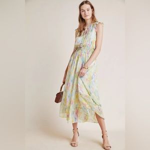 Anthropologie Watercolor Maxi Dress Floral Chiffon Multi Tassels